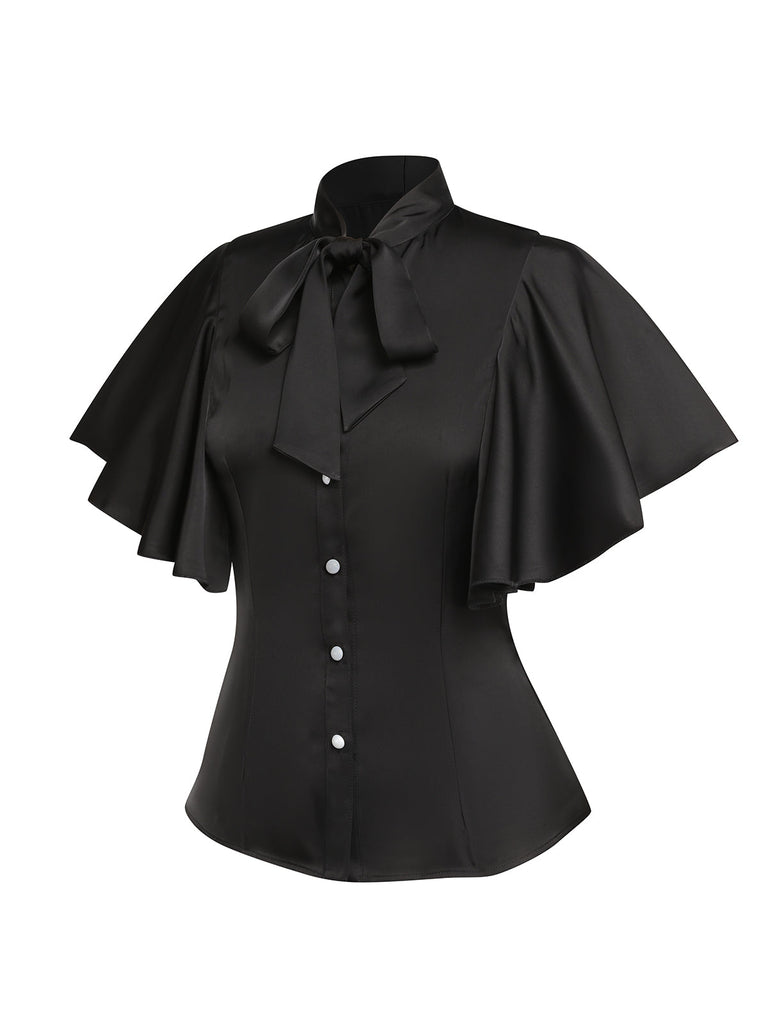 2PCS 1950er Beetlejuice Kostüm Schwarz Rüschenärmel Bluse & Streifen Straps Rock