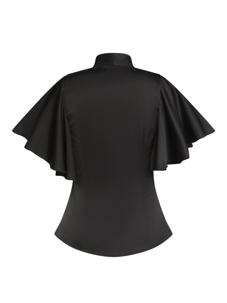 Schwarz 1950er Solide Rüschenärmel Bluse
