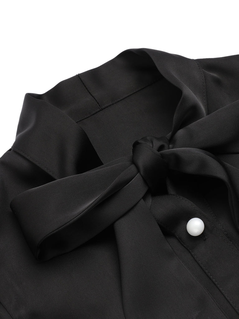 Schwarz 1950er Solide Rüschenärmel Bluse