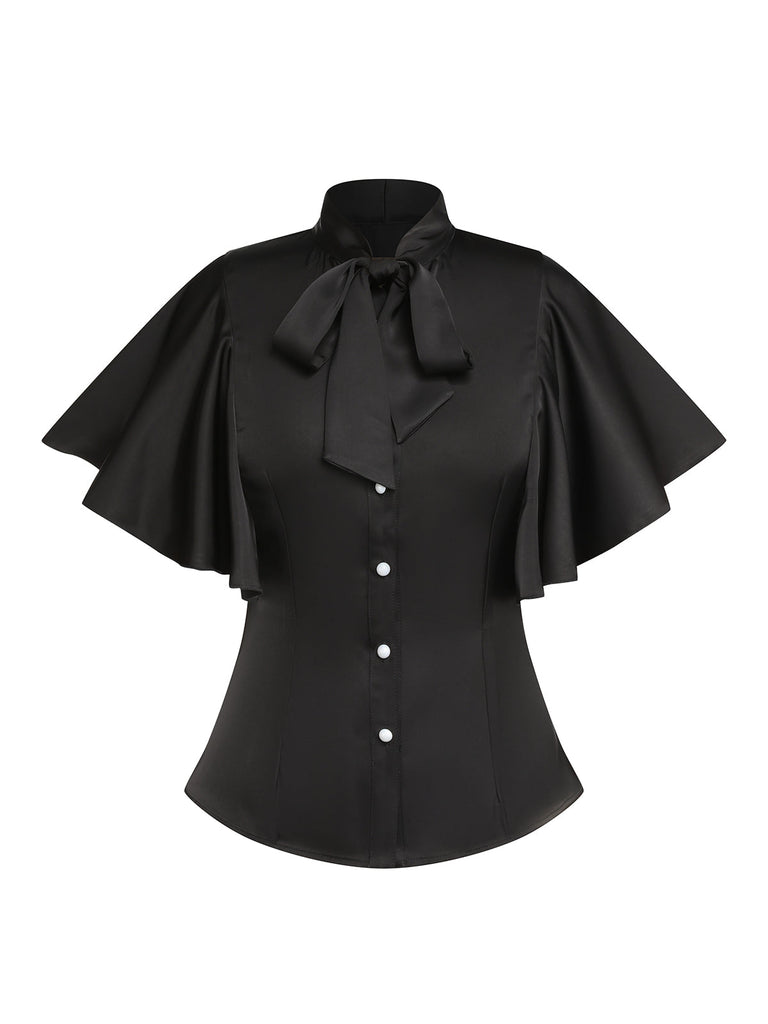 2PCS 1950er Beetlejuice Kostüm Schwarz Rüschenärmel Bluse & Streifen Straps Rock