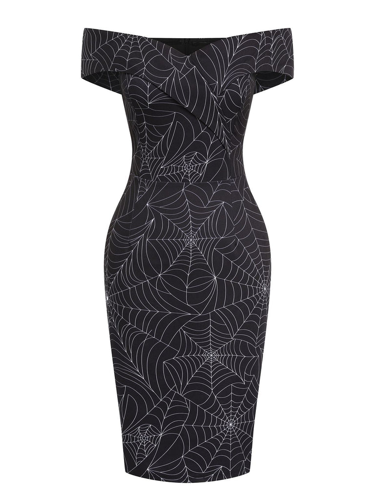 Schwarz 1960er Halloween schulterfreies Spinnennetz Kleid