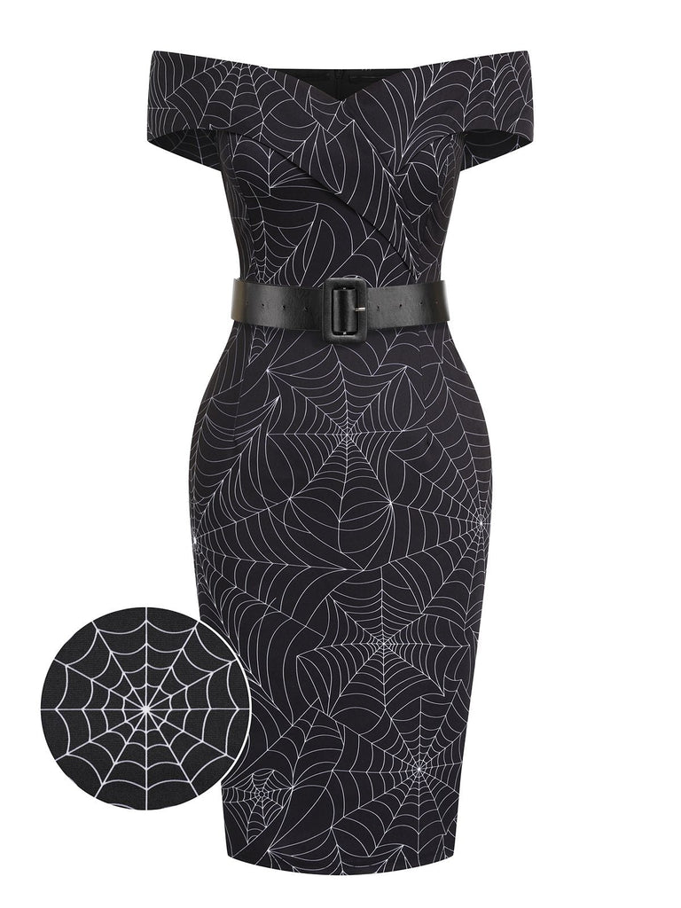 Schwarz 1960er Halloween schulterfreies Spinnennetz Kleid