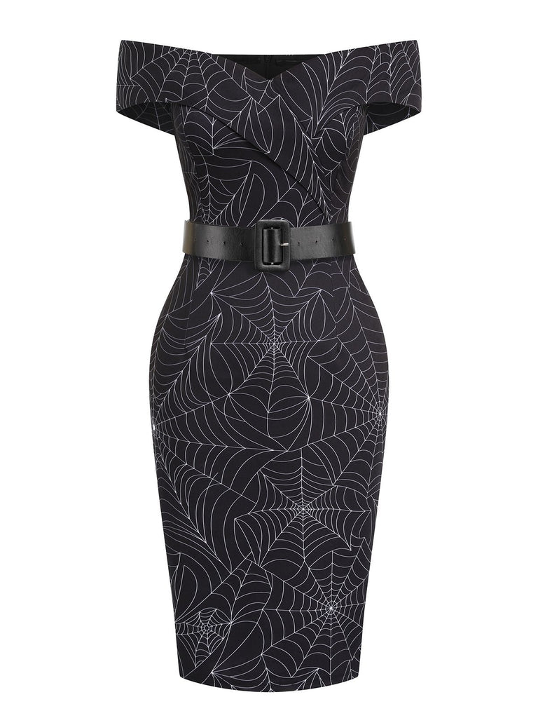 Schwarz 1960er Halloween schulterfreies Spinnennetz Kleid