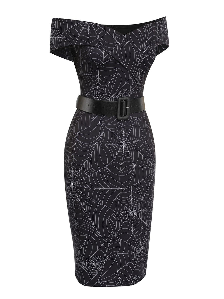 Schwarz 1960er Halloween schulterfreies Spinnennetz Kleid