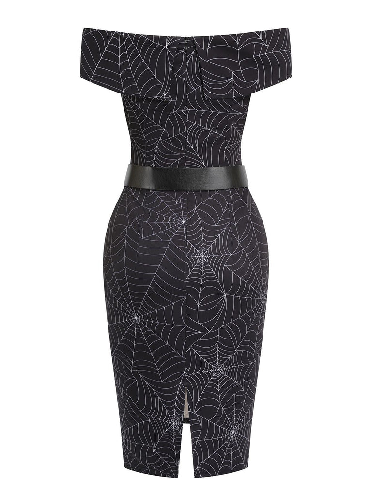 Schwarz 1960er Halloween schulterfreies Spinnennetz Kleid