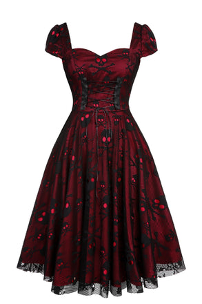 Weinrotes 1950er Gothic Totenkopf Netz Swing Kleid