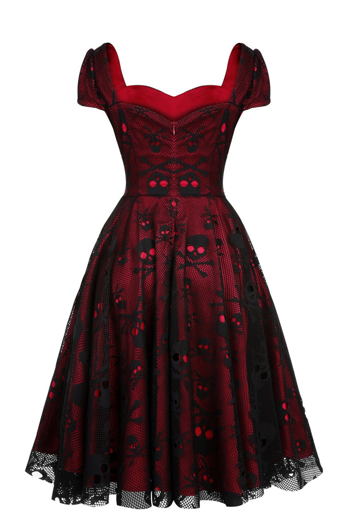 Weinrotes 1950er Totenkopf Netz Swing Kleid