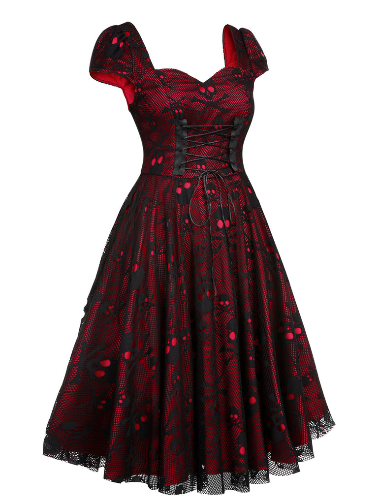 Weinrotes 1950er Totenkopf Netz Swing Kleid