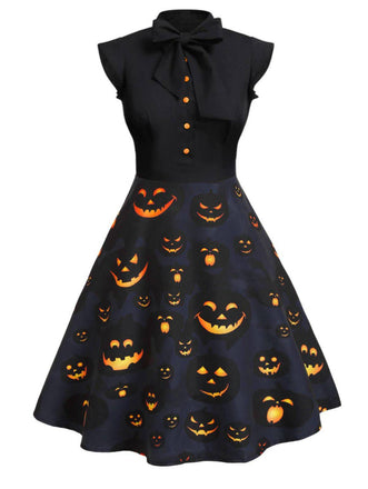 Schwarz 1950er Halloween Kürbis Patchwork Kleid