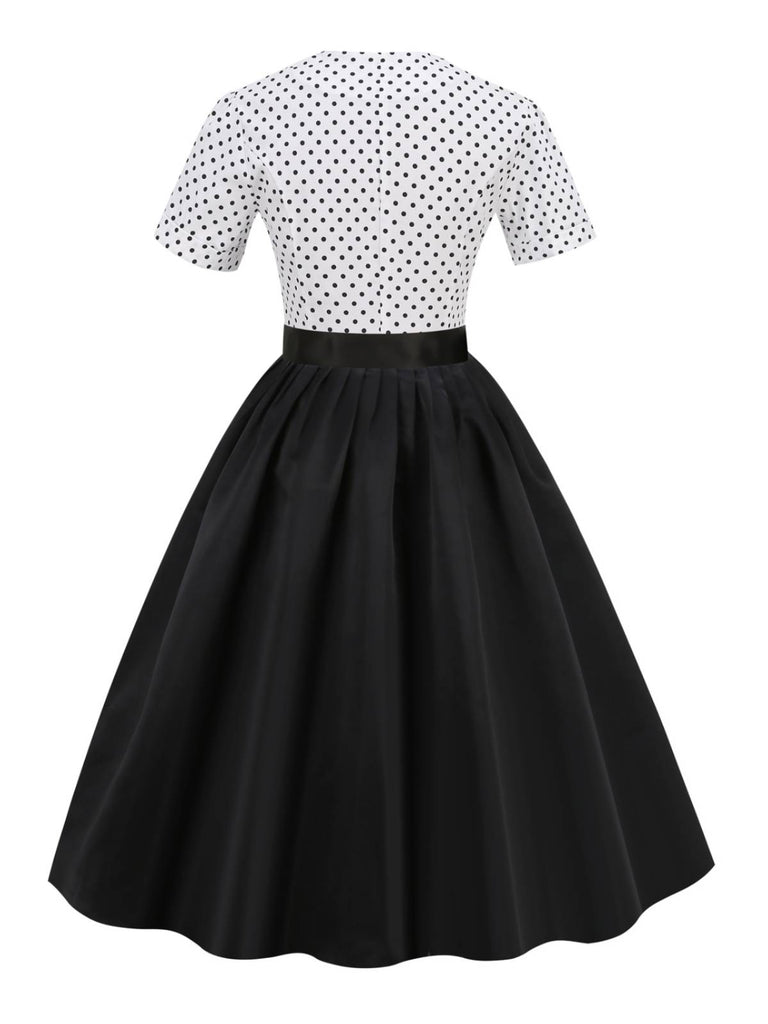 Schwarz 1950er Punkte Patchwork Kleid