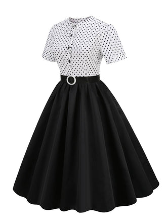 Schwarz 1950er Punkte Patchwork Kleid