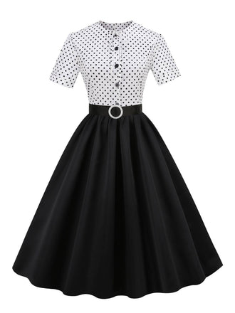 Schwarz 1950er Punkte Patchwork Kleid