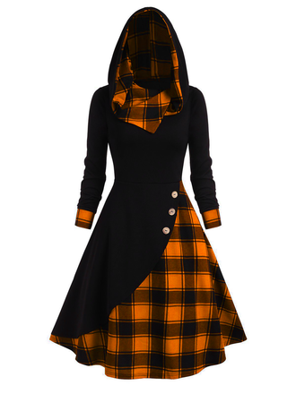 Schwarz & Orange 1950er Weihnachten Plaids Kapuzenkleid