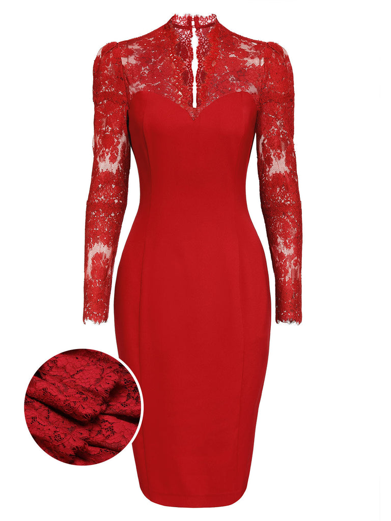 ROTER SPITZE LANGARM PATCHWORK BLEISTIFTKLEID