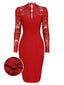 ROTER SPITZE LANGARM PATCHWORK BLEISTIFTKLEID