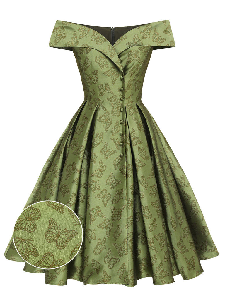 1950ER GRÜNES SCHULTERFREIES VINTAGE Schmetterling KLEID