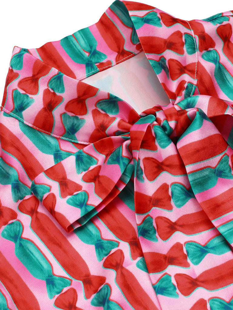 [Vorverkauf] Rosa 1950er Süssigkeit Bindekragen Tasten Bluse