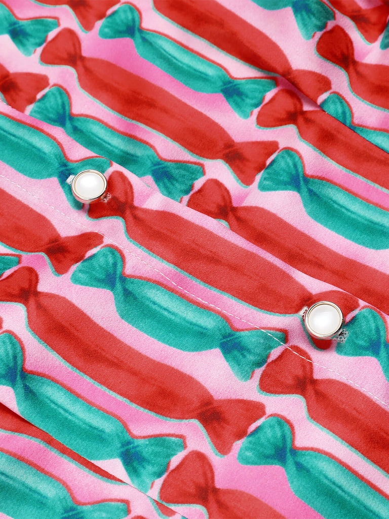 [Vorverkauf] Rosa 1950er Süssigkeit Bindekragen Tasten Bluse