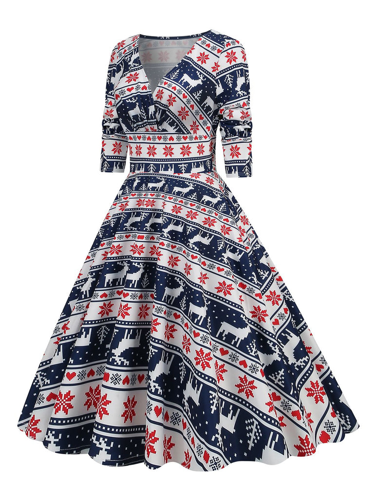 1950er V-Ausschnitt Patchwork Weihnachts  Kleid
