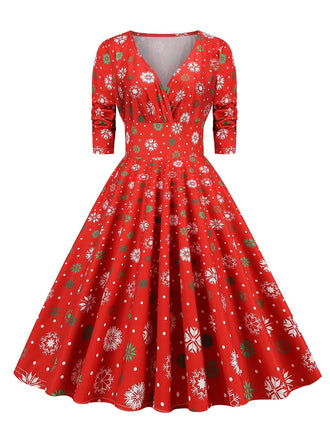 1950er V-Ausschnitt Patchwork Weihnachts  Kleid