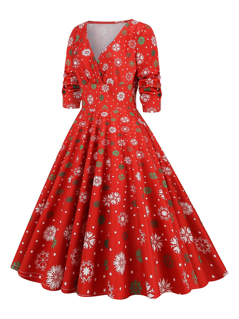 1950er V-Ausschnitt Patchwork Weihnachts  Kleid