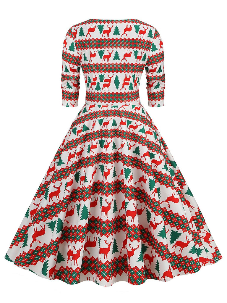 1950er V-Ausschnitt Patchwork Weihnachts  Kleid
