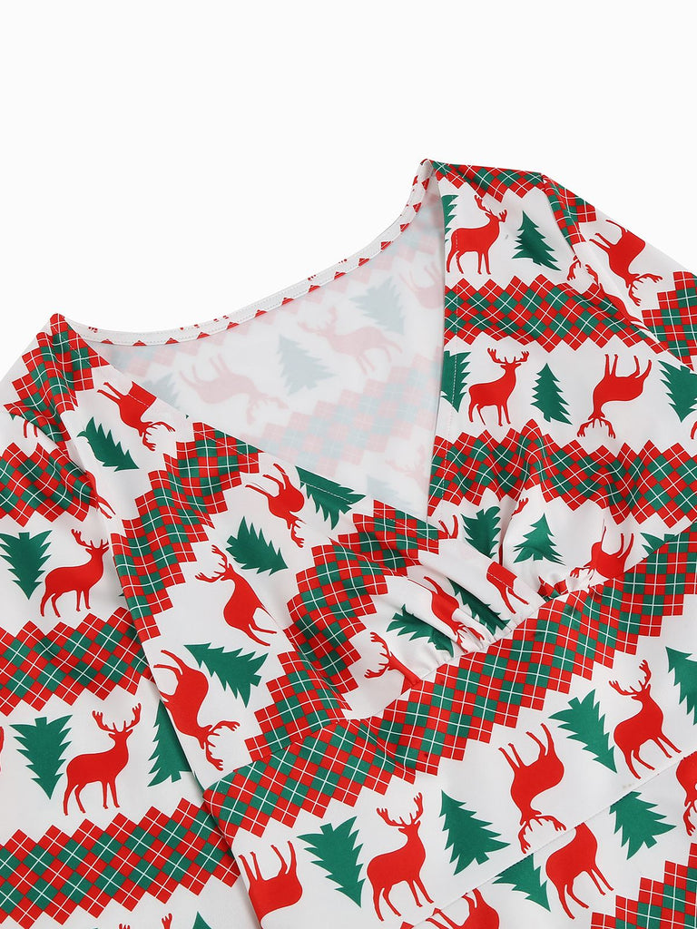 1950er V-Ausschnitt Patchwork Weihnachts  Kleid