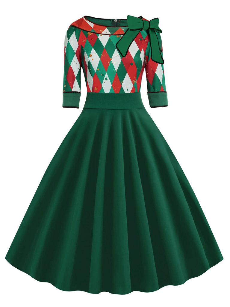 Rotes 1950er Weihnachten Plaids Schleife Dekor Kleid
