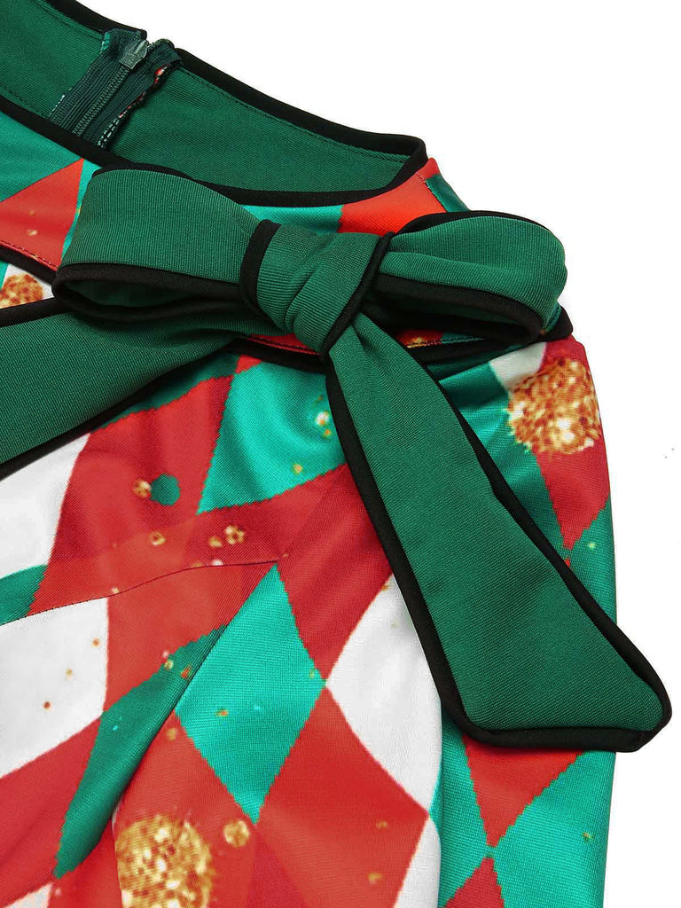 Rotes 1950er Weihnachten Plaids Schleife Dekor Kleid