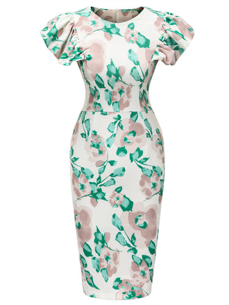 1950er Floral Puffärmel Bleistiftkleid