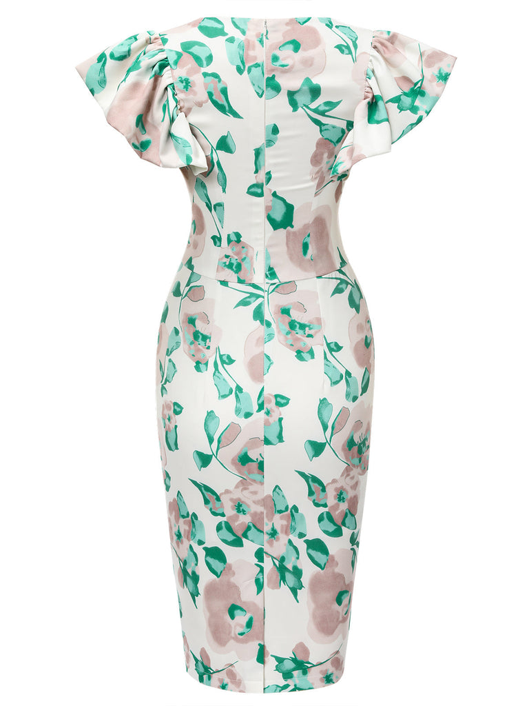 1950er Floral Puffärmel Bleistiftkleid