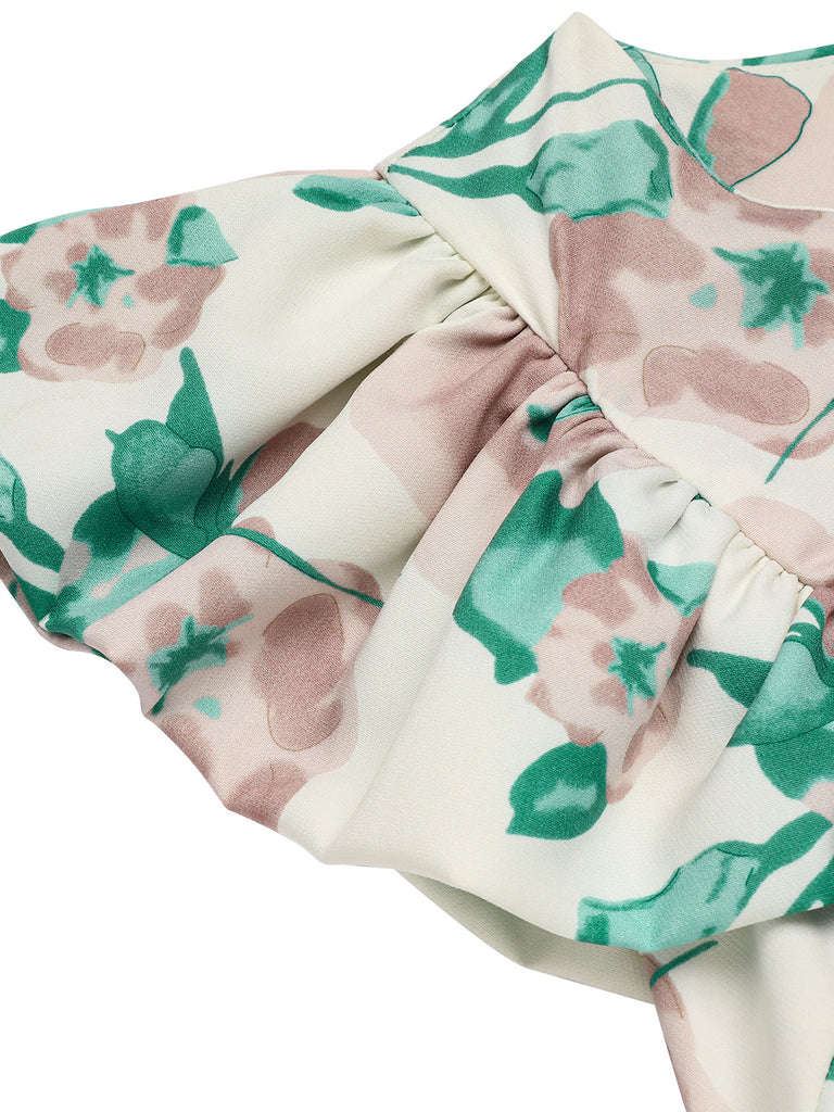 1950er Floral Puffärmel Bleistiftkleid
