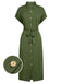 Grünes 1940er Solid Belted Slit Kleid