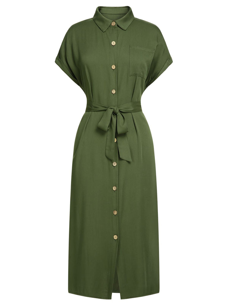 Grünes 1940er Solid Belted Slit Kleid