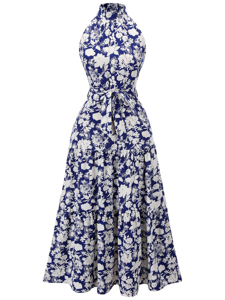 Blaues 1930er Stehkragen Blumenkleid