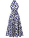 Blaues 1930er Stehkragen Blumenkleid