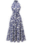 Blaues 1930er Stehkragen Blumenkleid