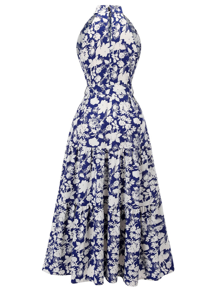 Blaues 1930er Stehkragen Blumenkleid