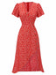 Rotes Geblümtes V-Ausschnitt-Knopfkleid 1930er
