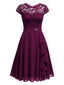 1950er Solides Spitzen Rundhals Patchwork Kleid in Lila
