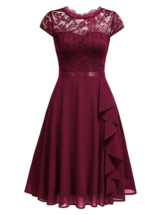 1950er Solides Spitzen Rundhals Patchwork Kleid in Rosa