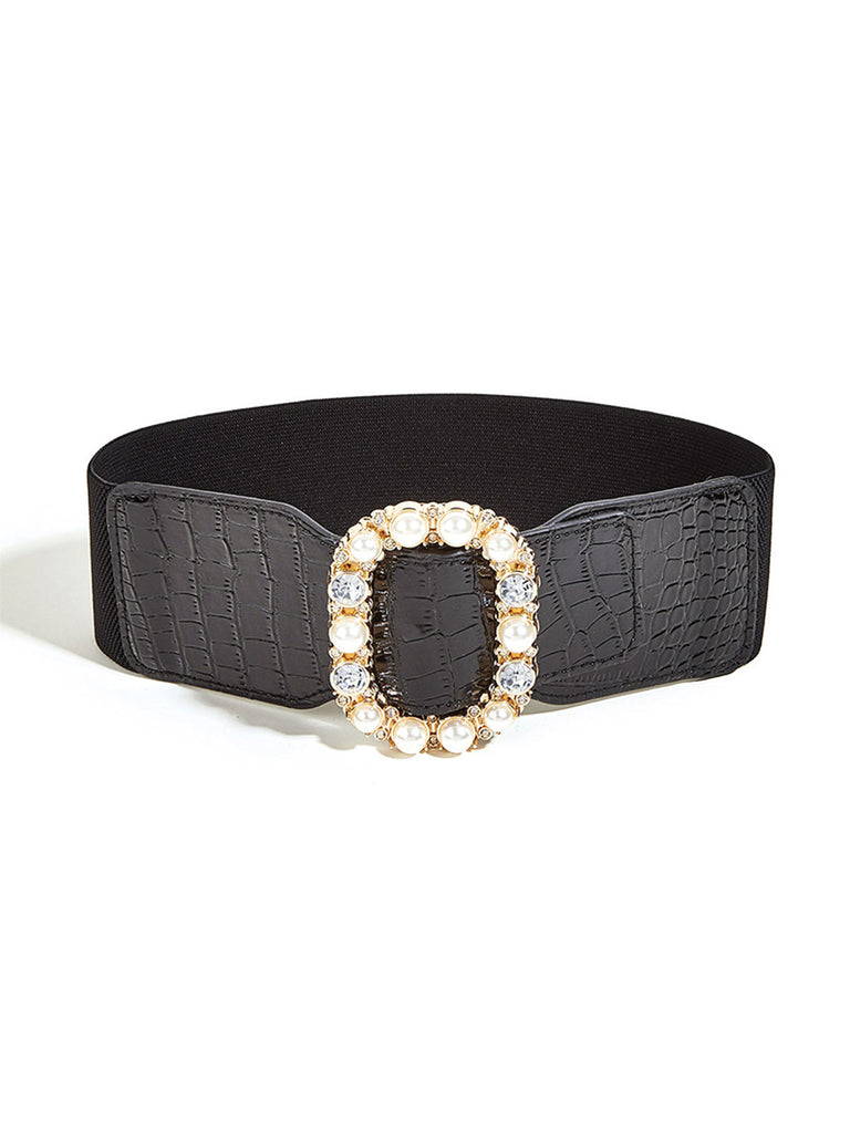 Schwarzer Breiter Retro Gürtel Mit Perle