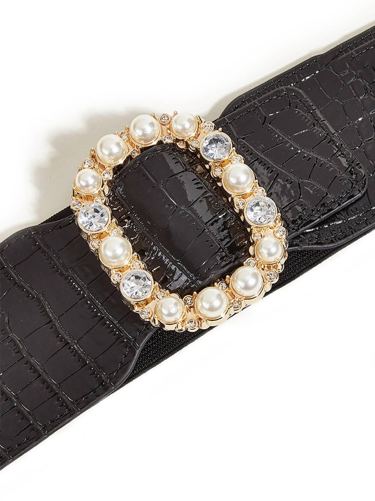 Schwarzer Breiter Retro Gürtel Mit Perle