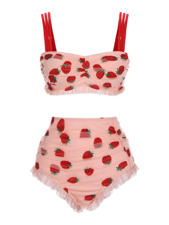 [Übergröße] Rosa 1950er Spitze Erdbeere Bikini Set