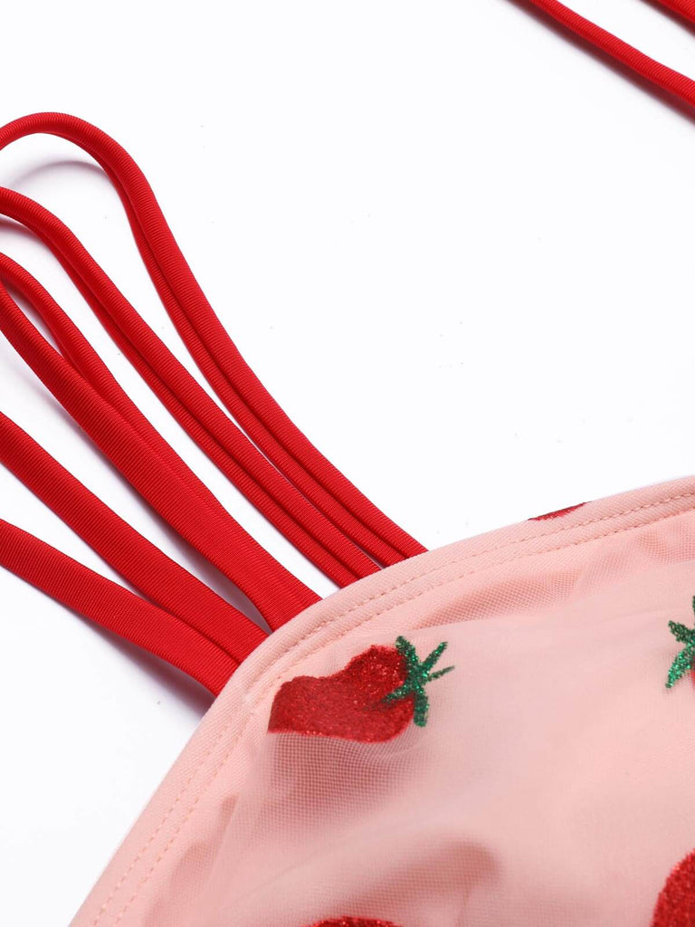 [Übergröße] Rosa 1950er Spitze Erdbeere Bikini Set