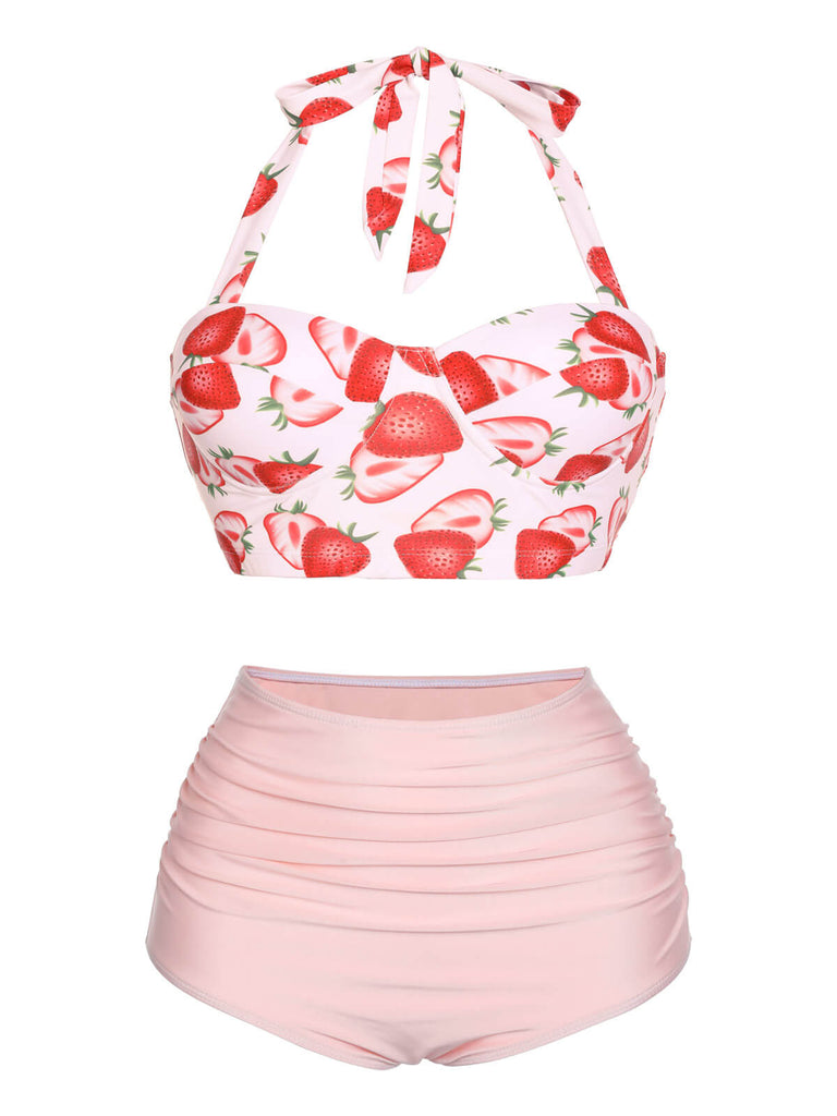 50er Erdbeeren Neckholder Bikini Set mit Schnürung und Raffung
