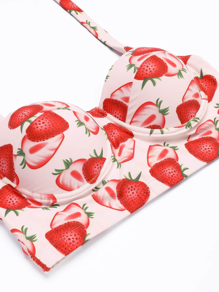 50er Erdbeeren Neckholder Bikini Set mit Schnürung und Raffung