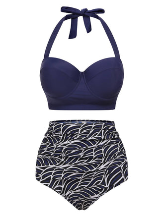 Blau 1940er Geometry Pleated Halter Badeanzug