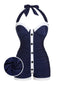 Marineblau 1950er Falten Halter Badeanzug - Navy blau / S / 34-36