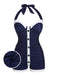 Marineblau 1950er Falten Halter Badeanzug